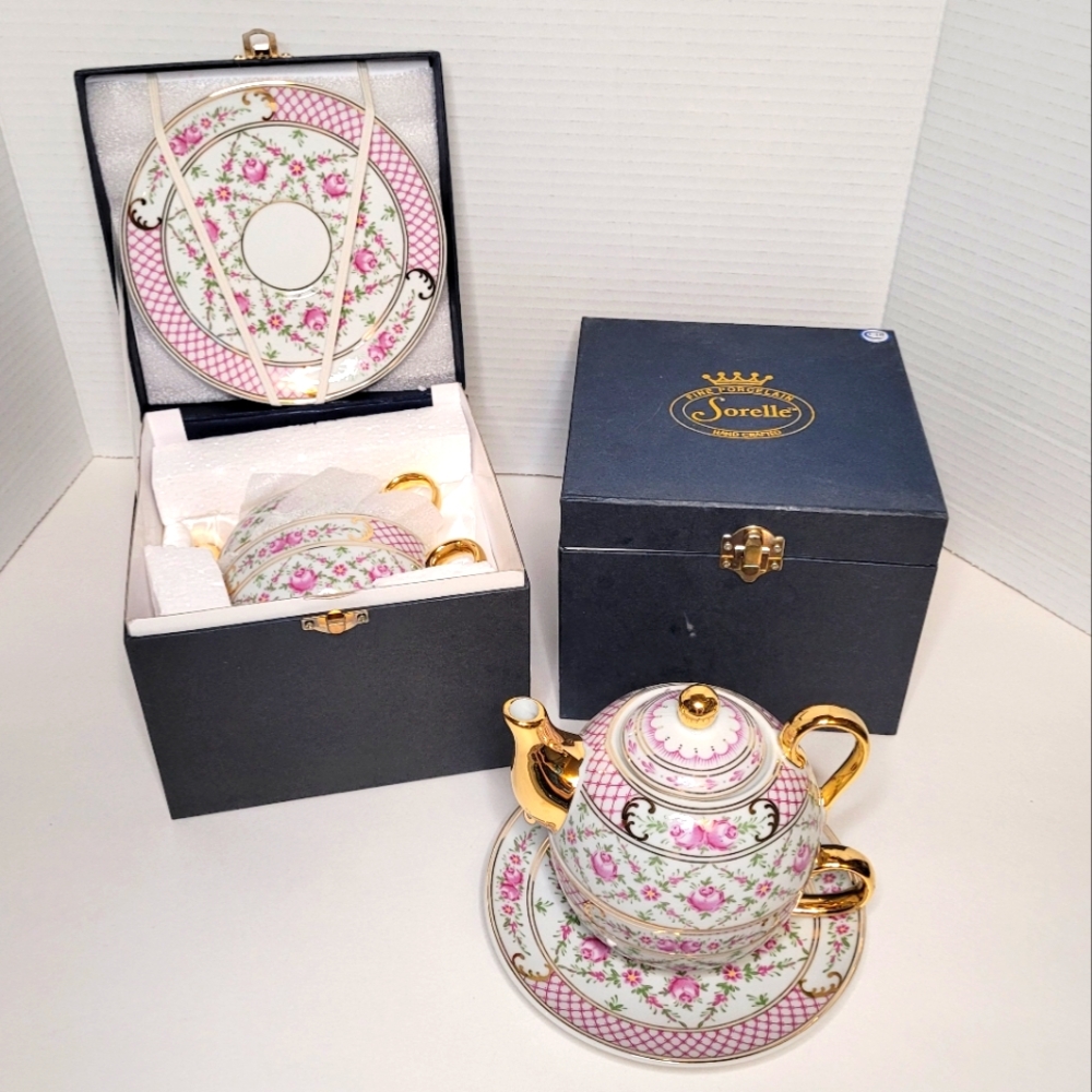 Vintage Sorelle Pink Roses Floral Tea Sets wGold Accents Two Personal Tea Sets